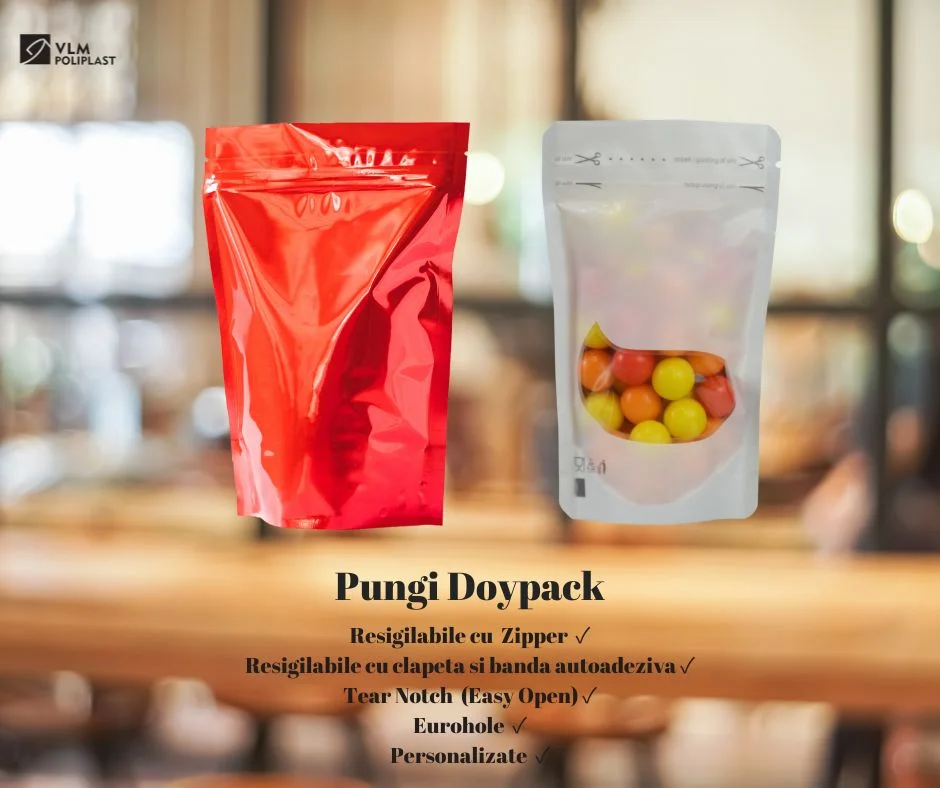 Custom pouches, stand-up doypack with zipper, produced by VLM Poliplast, a European flexible packaging manufacturer