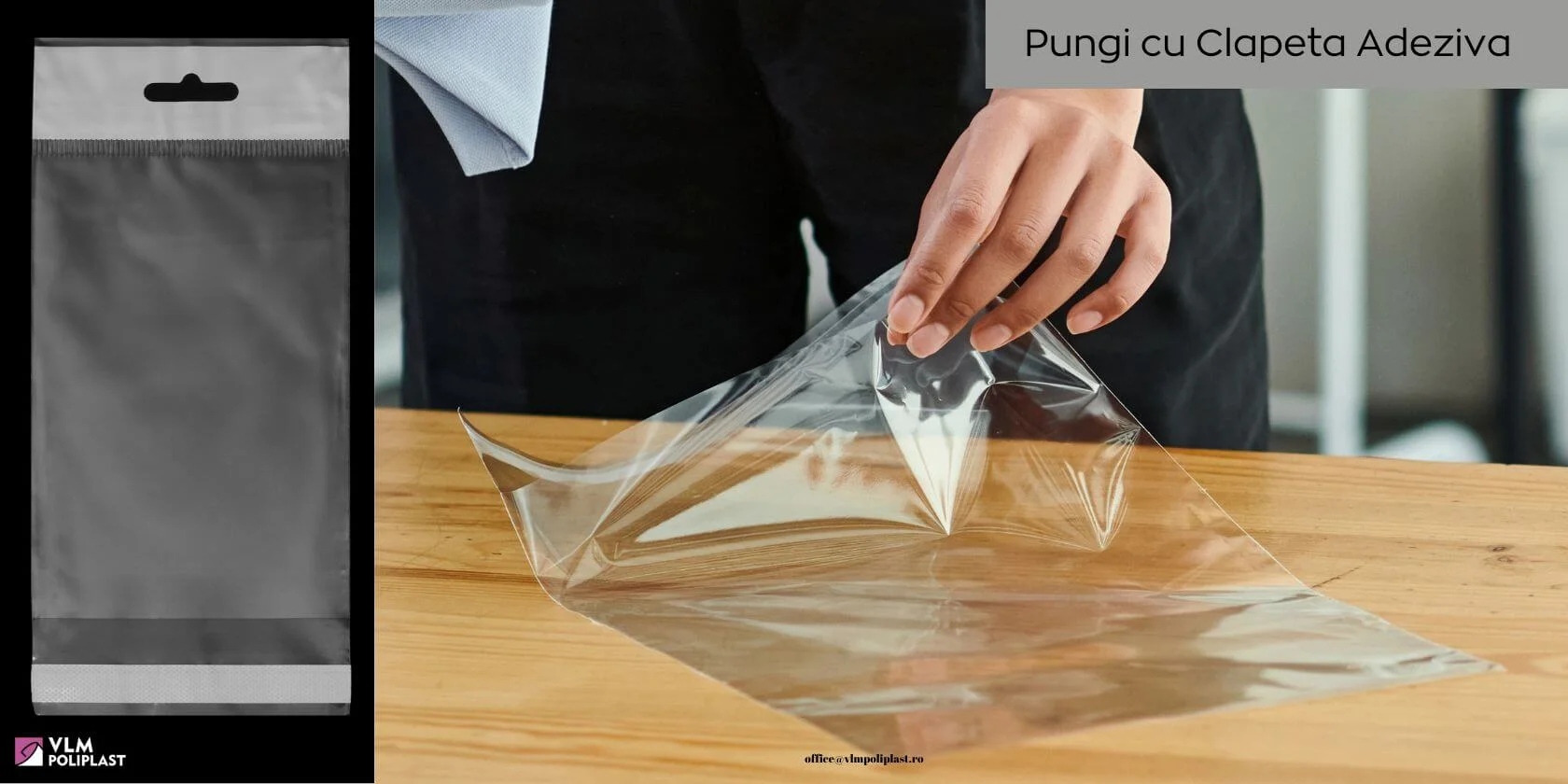 Self-seal bags with adhesive lip, header and euro hole, produced by VLM Poliplast, a European flexible packaging manufacturer