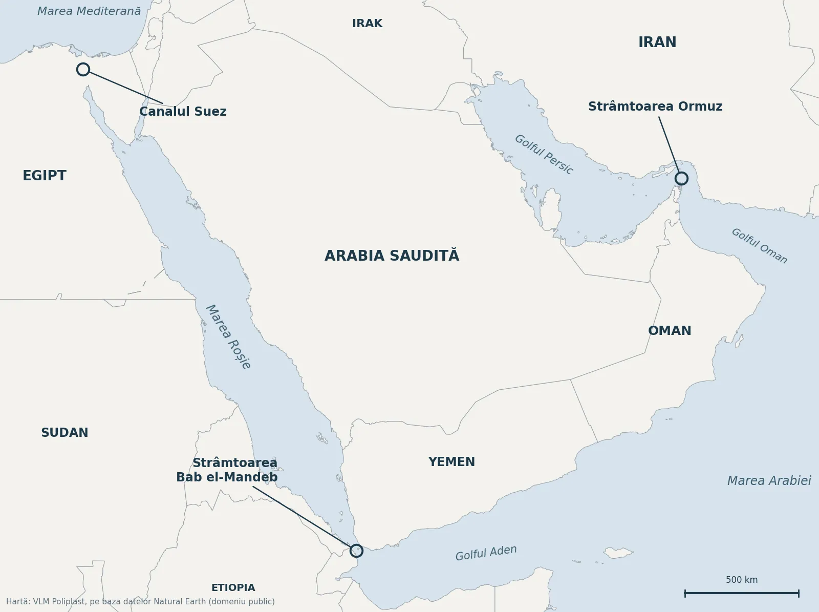 Harta rutelor petrolului din Golful Persic spre Europa: Strâmtoarea Ormuz, Marea Roșie, Strâmtoarea Bab el-Mandeb și Canalul Suez