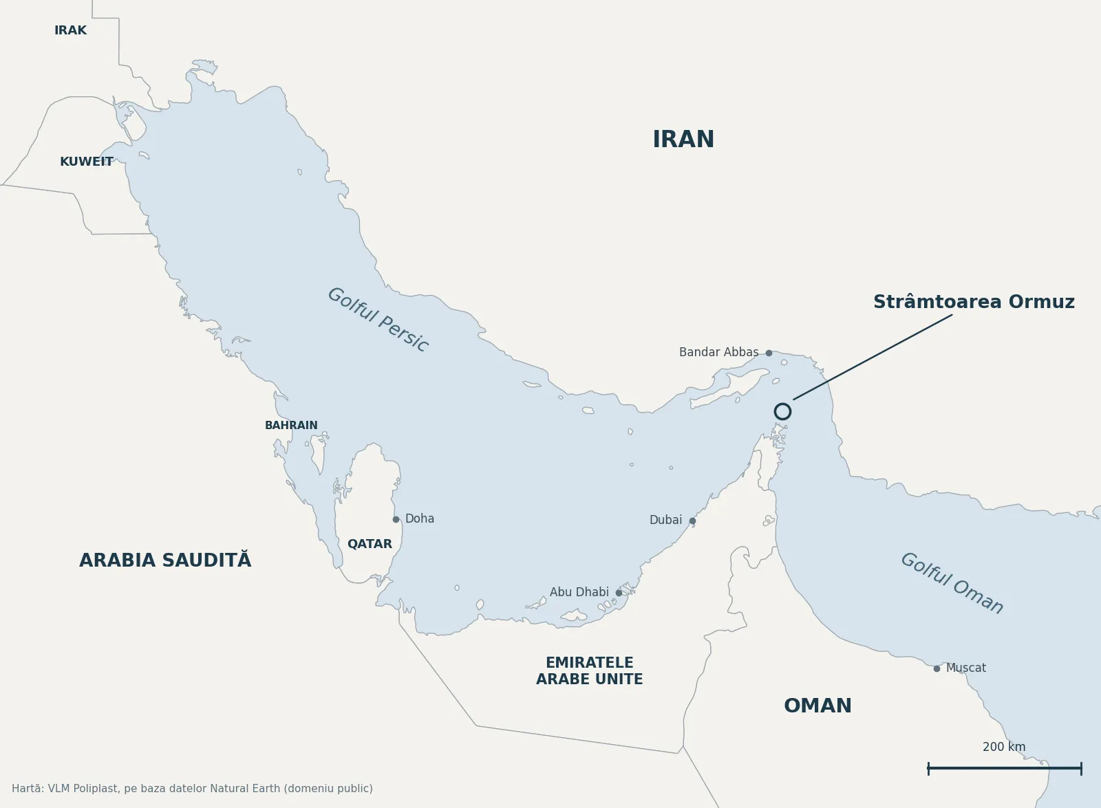 Harta Strâmtorii Ormuz între Golful Persic și Golful Oman, cu Iranul, Omanul și Emiratele Arabe Unite